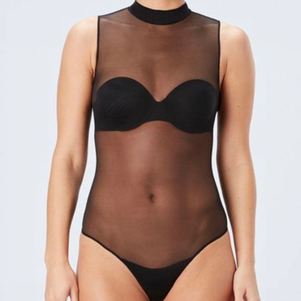 Spanx black mesh mock turtle neck bodysuit
